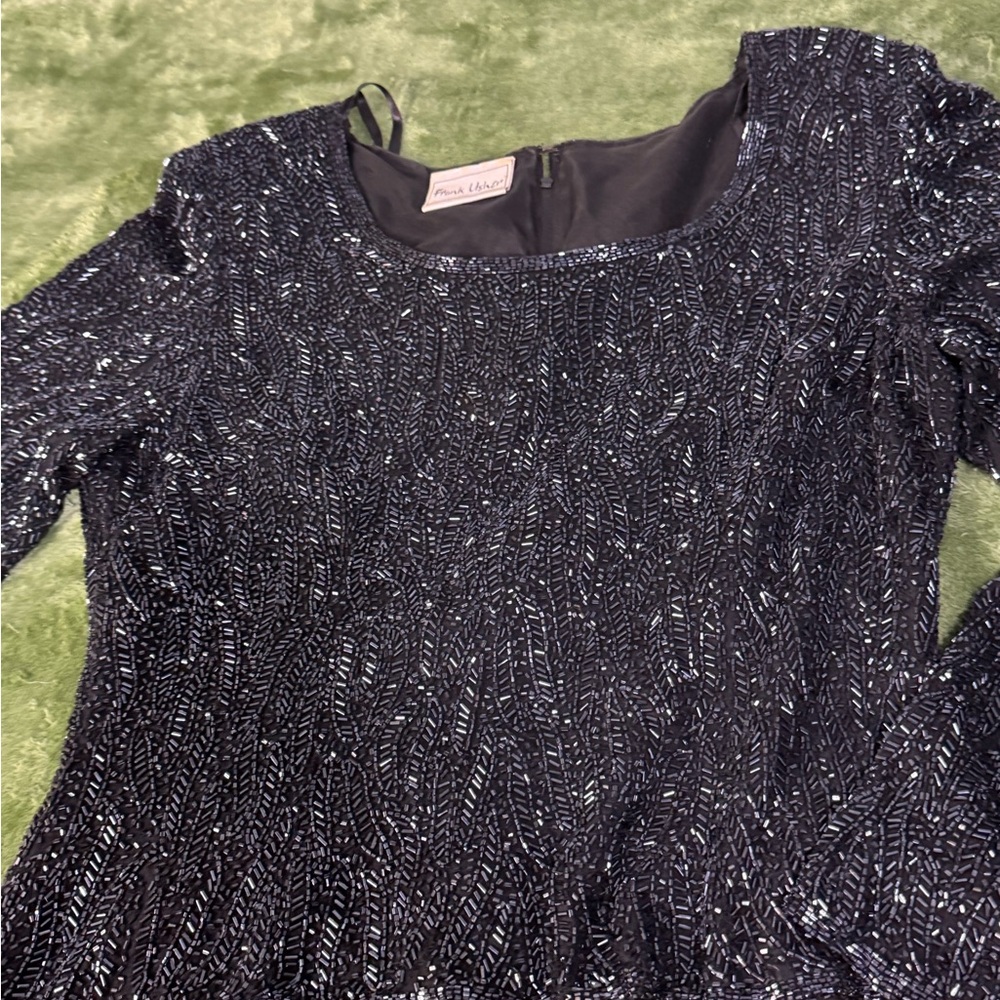 Vintage Frank Usher Black Beaded & Sequin Long Sleeve Evening Top - Size M